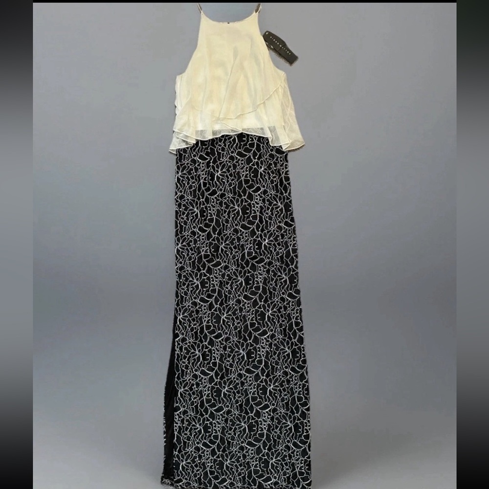 Vintage AIDAN MATTOX Gown Size 4 Ivory Black Beaded Long Gorgeous Dress $350 NWT